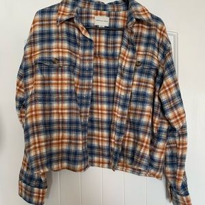 Orange, white, and blue plaid cropped flannel. Size medium